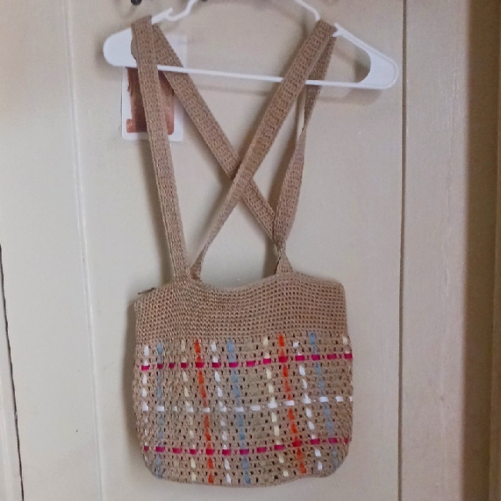Handcrafted Tan Crochet Bag with Multicolor Accents